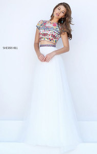 Two Piece Beaded Patterned Bateau Neckline Sherri Hill 50342 Cap Sleeves Ivory/Multi Long Prom Dresses 2016