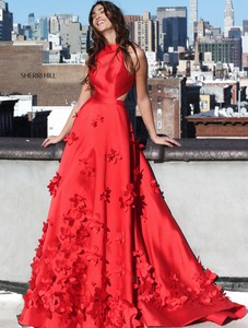 2017 Sherri Hill 51116 High Neck 3D Floral Embellished Red Long Gown