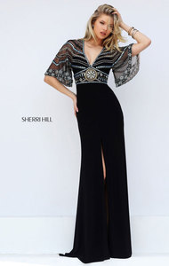 Beaded Sherri Hill 50591 Cutout Black Slit Evening Dress With Half Sleeves