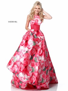 Halter Neckline Sherri Hill 51800 Pink Floral Printed 2018 Long Taffeta Ball Gowns