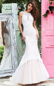 Sherri Hill 50112 Beaded Embellishments Lace Applique Ivory 2016 Halter Neckline Long Tulle Mermaid Gown