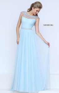 Cap Sleeves Bateau Neckline Open Back Light Blue 2016 Beaded Embellishments Sherri Hill 50187 Ruched Long Tulle Prom Dresses