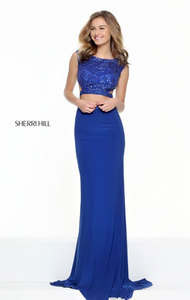 2 PC Lovely Sherri Hill 50805 Beaded Halter Royal Slim Long Dress For Prom