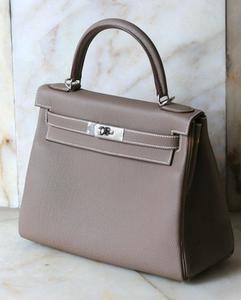 Hermes Kelly 32 or 28 etoupe color, togo leather, retourne, palladium hardware