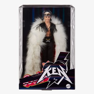 Barbie The Movie Collectible Ken Doll Wearing Big Faux Fur Coat And Black Fringe Vest With Bandana