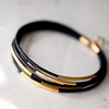 Black Leather Bracelet with 6 Golden tubes