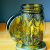 Hand Painted Mason Jar Lantern, Lemon Tinted Glass with Black Accents