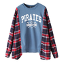 Blue Letter Print Sweatshirt With Red Plaid Sleeve