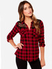 Red Long Sleeve Lace Shoulder Plaid Blouse - Sheinside.com