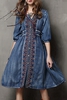 Embroidered Single-Breasted Midi Denim Dress