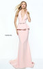 Sherri Hill 51004 Blush Sleeveless Halter Deep V Neckline Long Crepe Evening Dresses 2017 Lace Embellishments