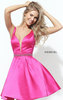 Sherri Hill 50495 Beaded Waistband Dark Fuchsia Deep V Neck A-Line Short Satin Prom Dress Affordable [Dark Fuchsia Sherri Hill 50495] - $170.00 : 2017 Homecoming Dress Custom,Prom Dresses Outlet,Dresses Styles 2018