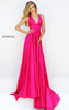 Sherri Hill 50313 Plunging V Neckline Satin Long Pleated Evening Gown 2016 Sleeveless Fuchsia