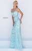 Blue Crystals Embellished Sherri Hill 50276 Deep V-Back Slim Long Gown