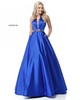 Beaded Waist 2018 Royal Long Satin Ball Gowns Plunging V Neck Sherri Hill 51588