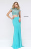 Sherri Hill 50154 Keyhole Open Back Two Piece Beaded Patterned High Neckline Aqua Long Prom Dresses 2016