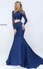 Navy Lace Long Sleeves Sherri Hill 50491 Bateau Neckline Two Piece Beaded Long Prom Dresses 2017