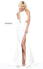 2017 Sherri Hill 50867 Ivory Lace Beaded Cutout Slit Jersey Party Dress