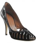 black patent peep toe pumps