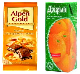 alpen gold (3шт.) и апельсиновый сок добрый (2л.)