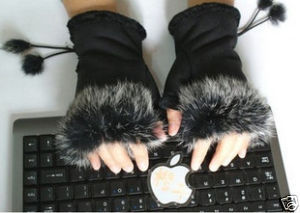 Black Rabbit Fur HAND WRIST WARMER FINGERLESS GLOVES