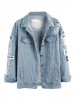 Light Blue Letter Patch Ripped Pockets Denim Coat